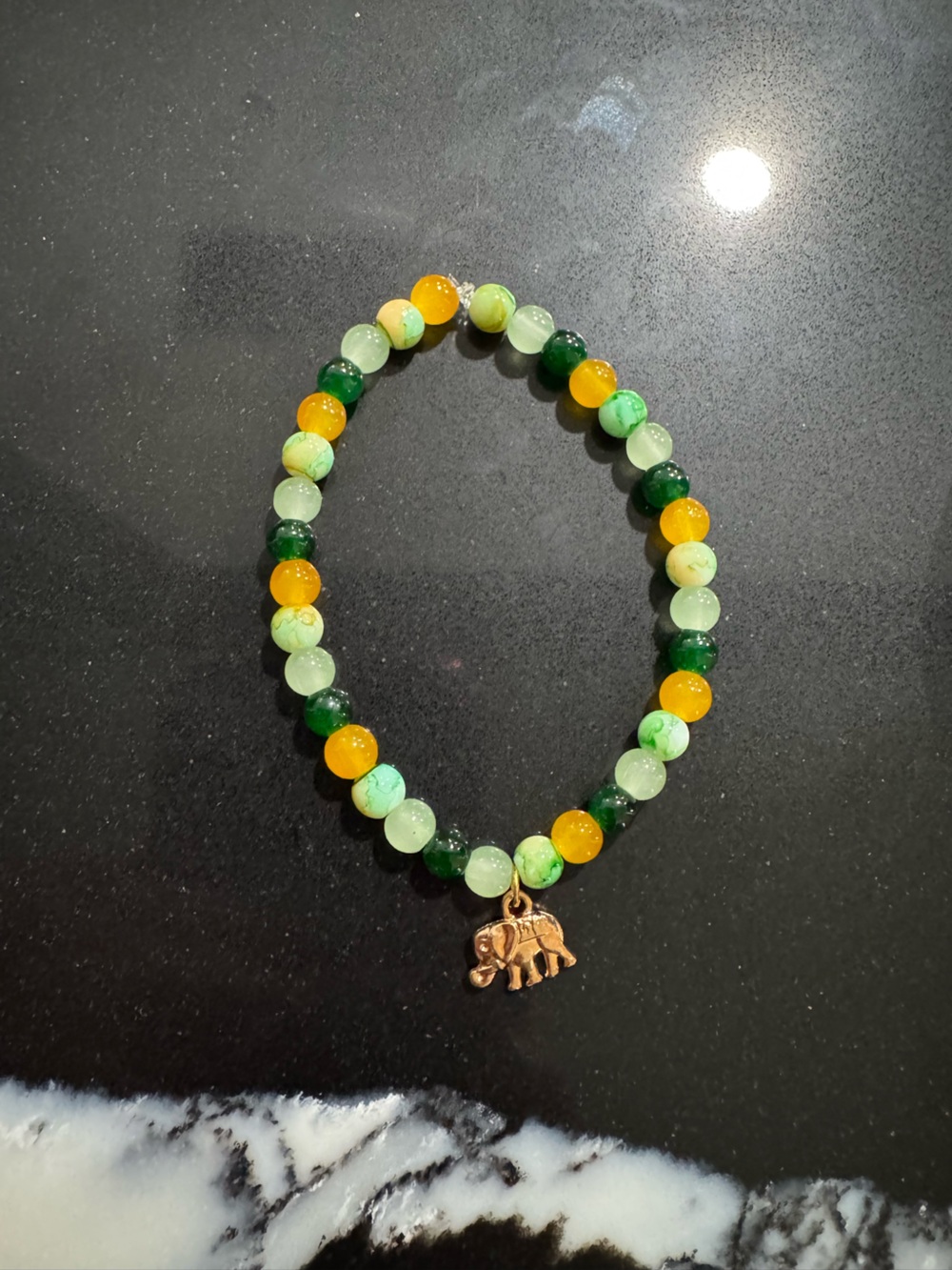 Green & Yellow Beaded Stretch Bracelet with Elephant Charm